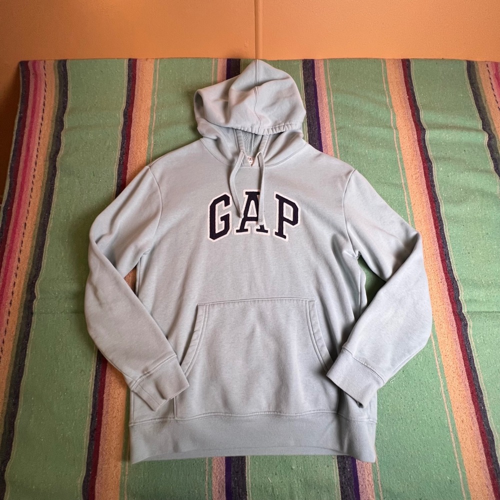 Gap Hoodie Unisex XS Light Blue Embroidered Arch Logo Pullover Sweatshirt